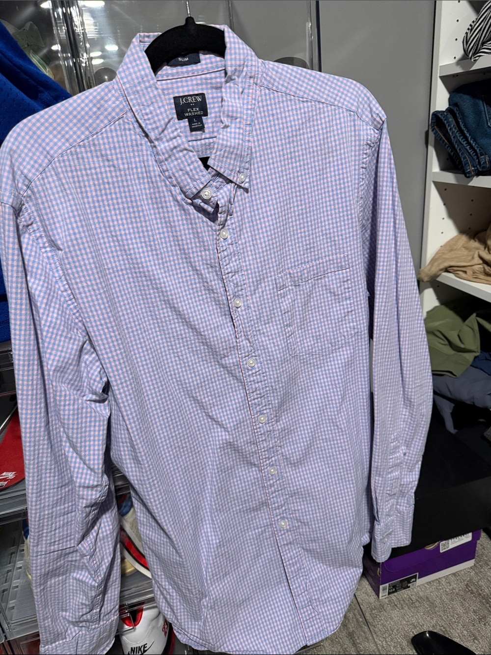 J. Crew Men's Lavender and White Gingham Button-Down Shirt